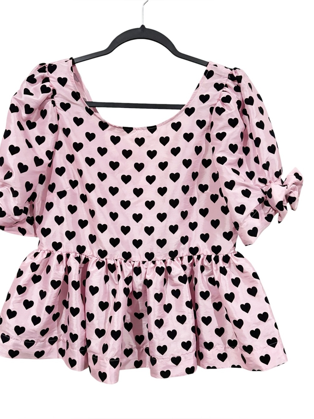 LoveShackFancy Keily Top Pink Black Heart Print Peplum Puff Sleeve Blouse Sz 6 - Picture 4 of 9